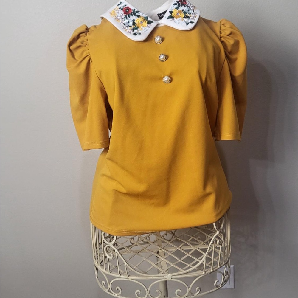 SHEIN Yellow Puff Sleeve Buttoned Blouse with Peter Pan Collar